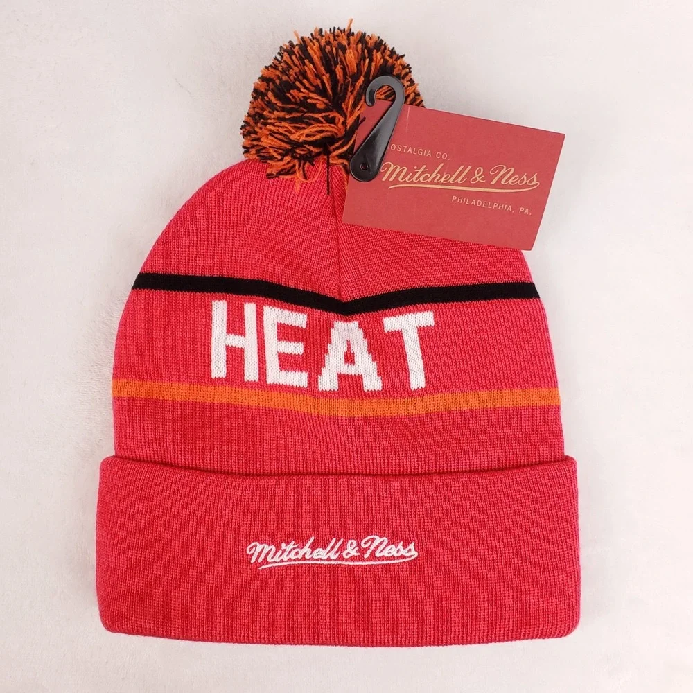 Miami Heat Mitchell & Ness NBA Cuff‎ Knit Beanie Pom Hat Cap Bright Red NWT